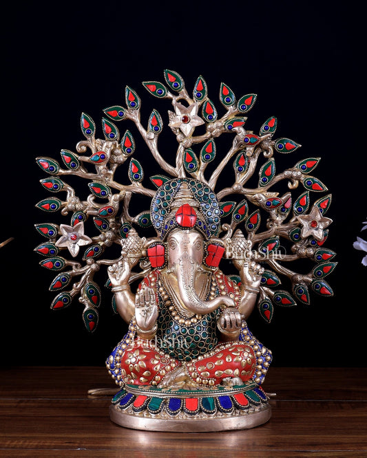 Brass Ganesha Statue with Kalpavriksha Tree Combo 13 inch - Budhshiv.com