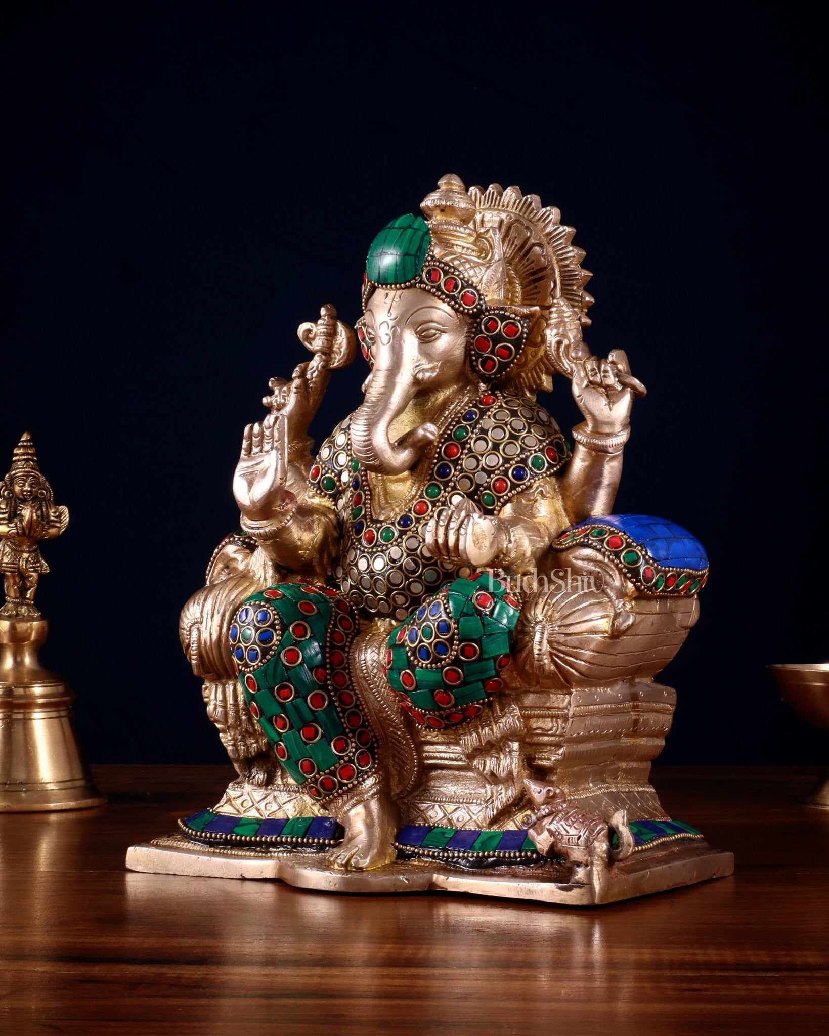 Brass Ganesha statue with Meenakari Stonework | 10" Height - Budhshiv.com