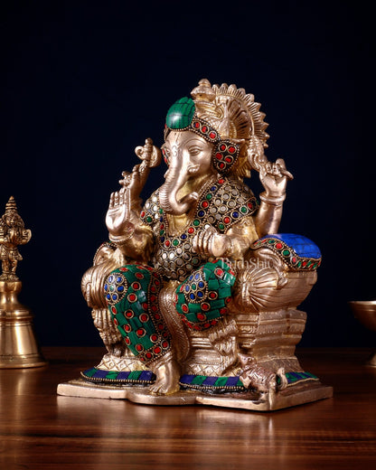 Brass Ganesha statue with Meenakari Stonework | 10" Height - Budhshiv.com