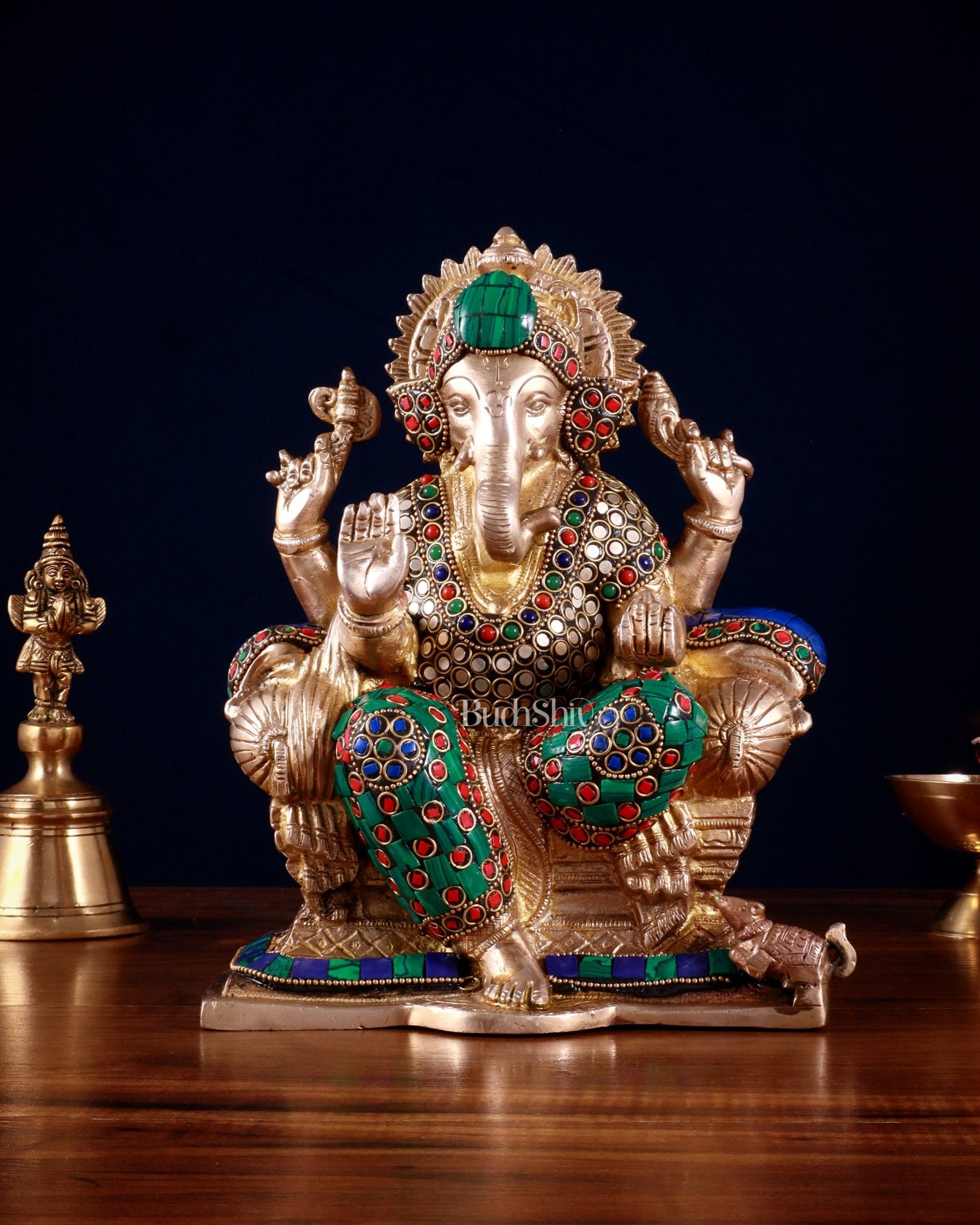 Brass Ganesha statue with Meenakari Stonework | 10" Height - Budhshiv.com