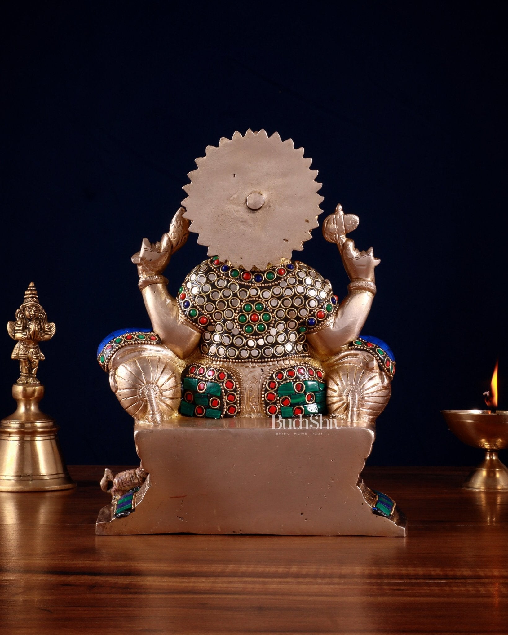 Brass Ganesha statue with Meenakari Stonework | 10" Height - Budhshiv.com