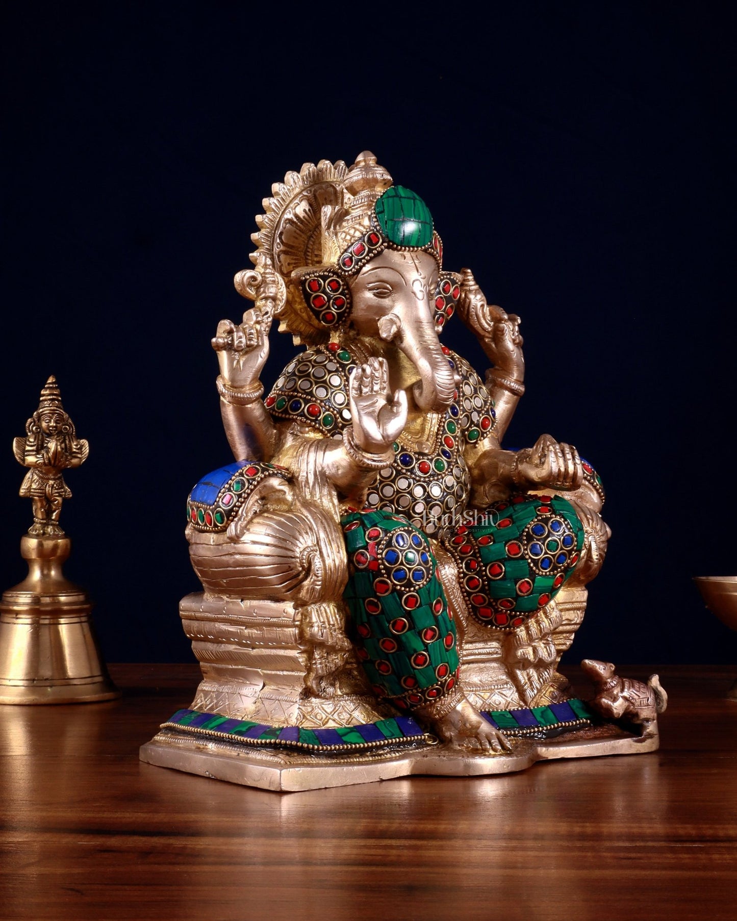 Brass Ganesha statue with Meenakari Stonework | 10" Height - Budhshiv.com