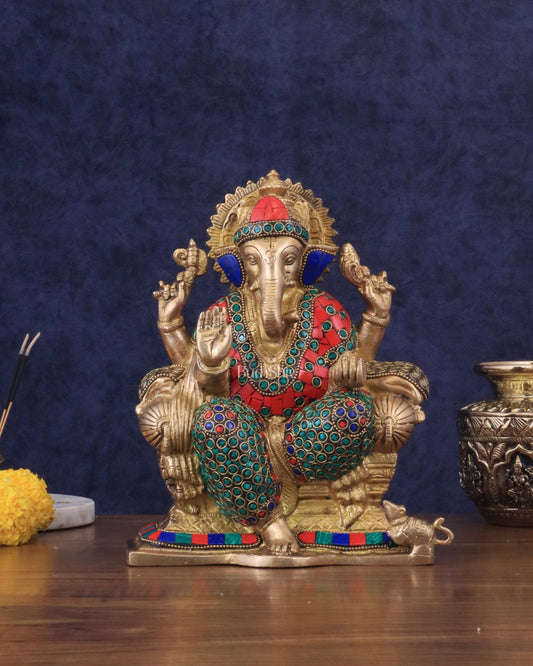 Brass Ganesha statue with Meenakari Stonework | 10" Height - Budhshiv.com
