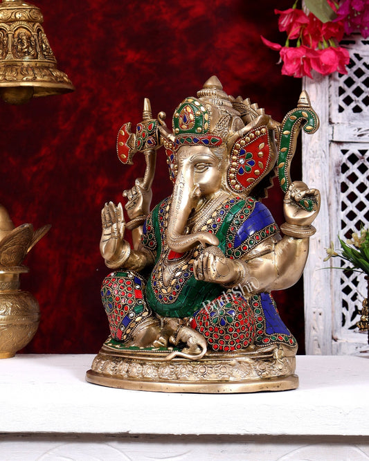Brass Ganesha Statue with meenakari Stonework - 12 inch - Budhshiv.com