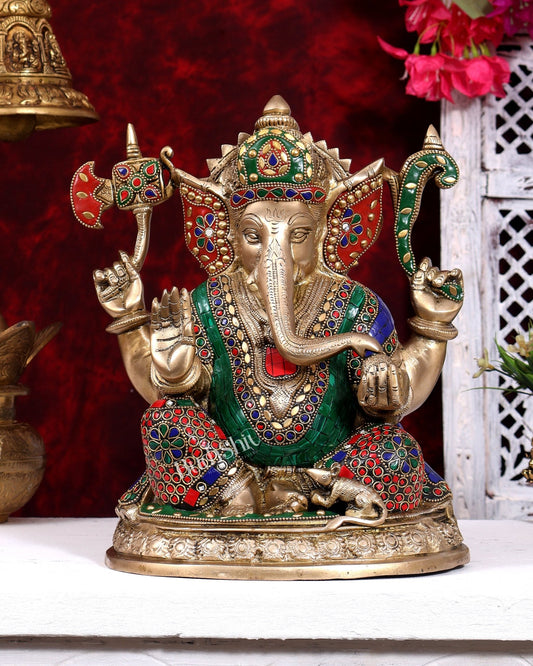 Brass Ganesha Statue with meenakari Stonework - 12 inch - Budhshiv.com