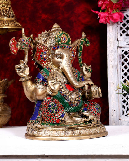 Brass Ganesha Statue with meenakari Stonework - 12 inch - Budhshiv.com