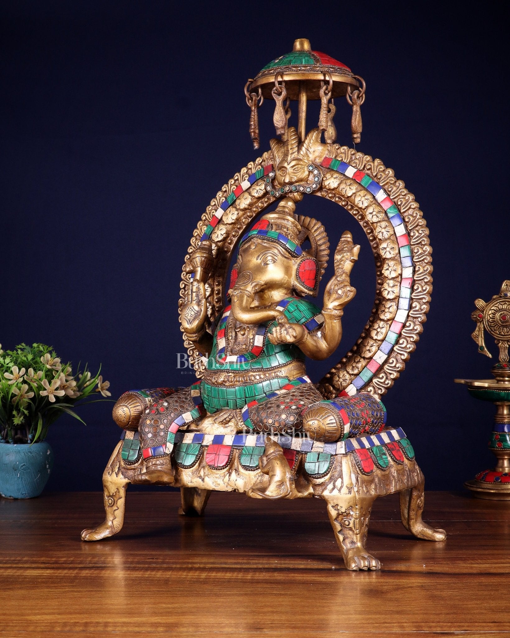 Brass Ganesha Statue with Natural Stone Embellishments - 17.5" Height - Budhshiv.com