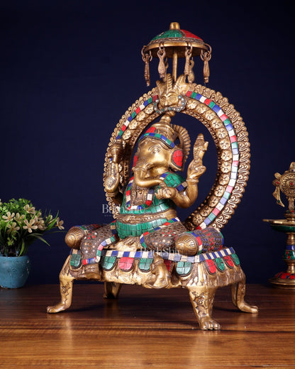 Brass Ganesha Statue with Natural Stone Embellishments - 17.5" Height - Budhshiv.com