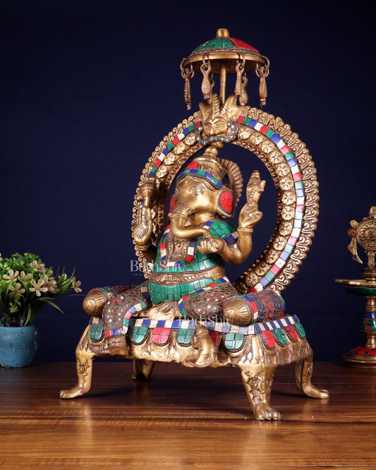 Brass Ganesha Statue with Natural Stone Embellishments - 17.5" Height - Budhshiv.com