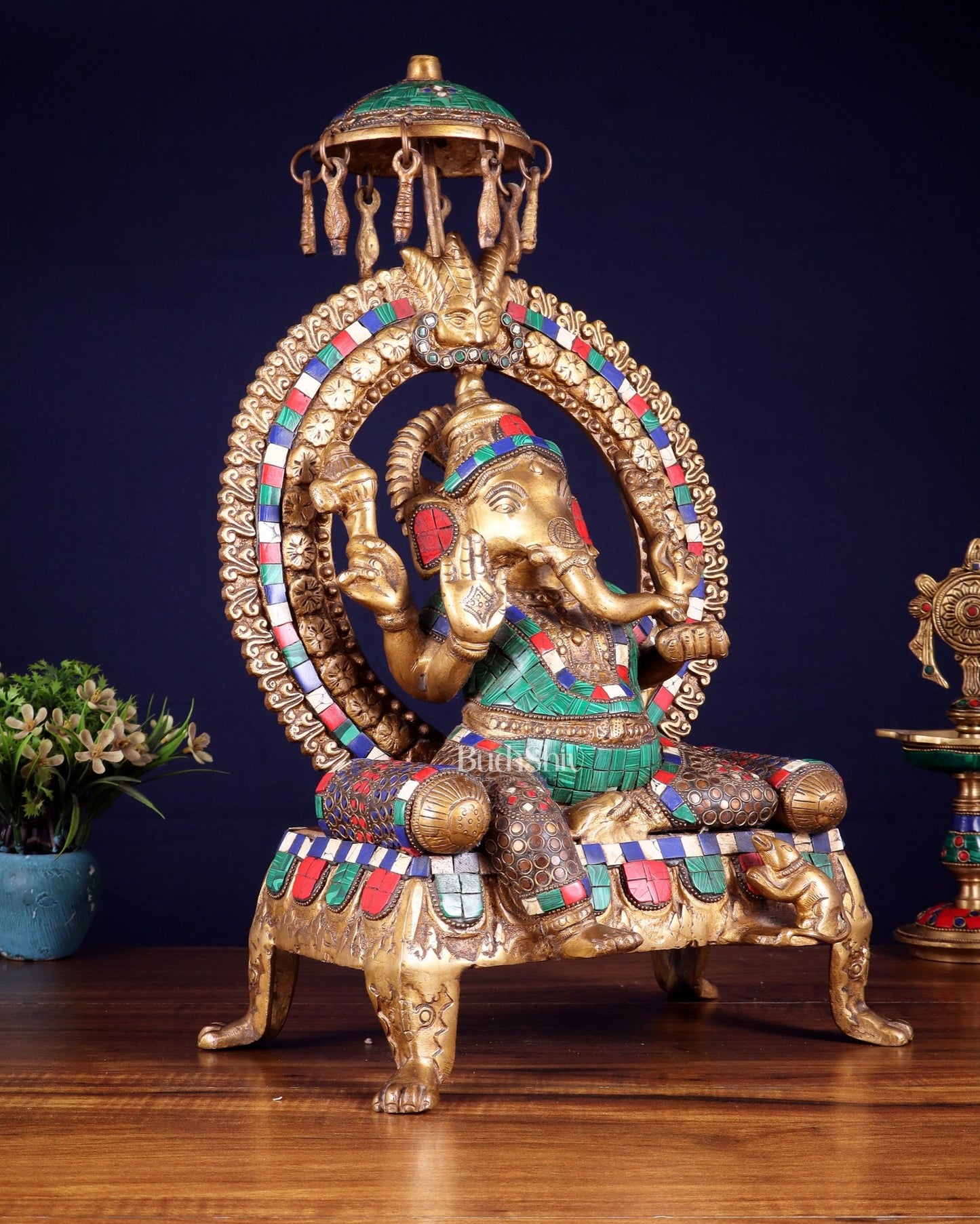 Brass Ganesha Statue with Natural Stone Embellishments - 17.5" Height - Budhshiv.com