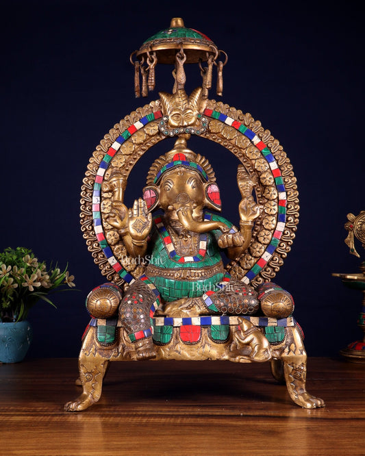 Brass Ganesha Statue with Natural Stone Embellishments - 17.5" Height - Budhshiv.com