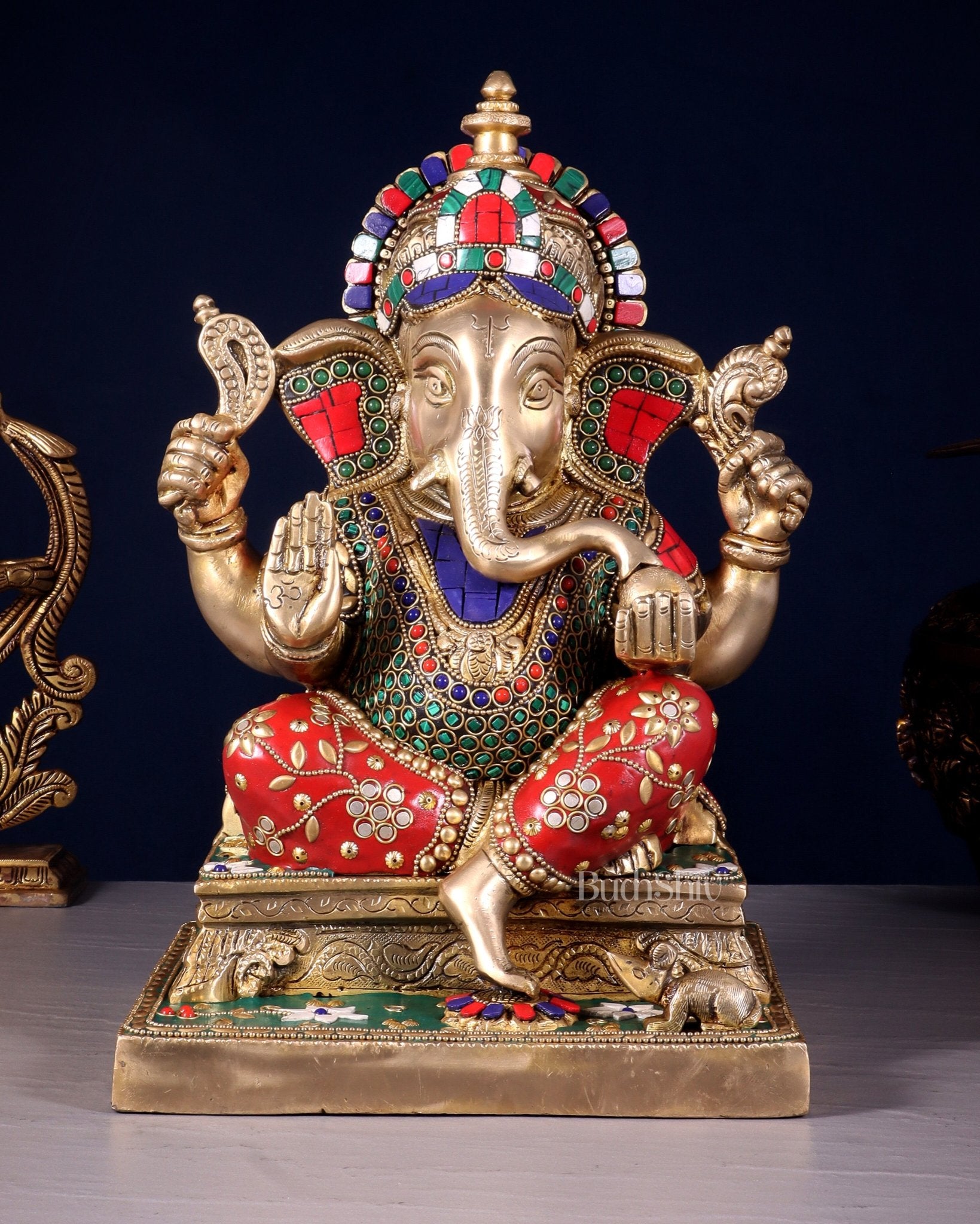 Brass Ganesha Statue with Stonework 12 inch - Budhshiv.com