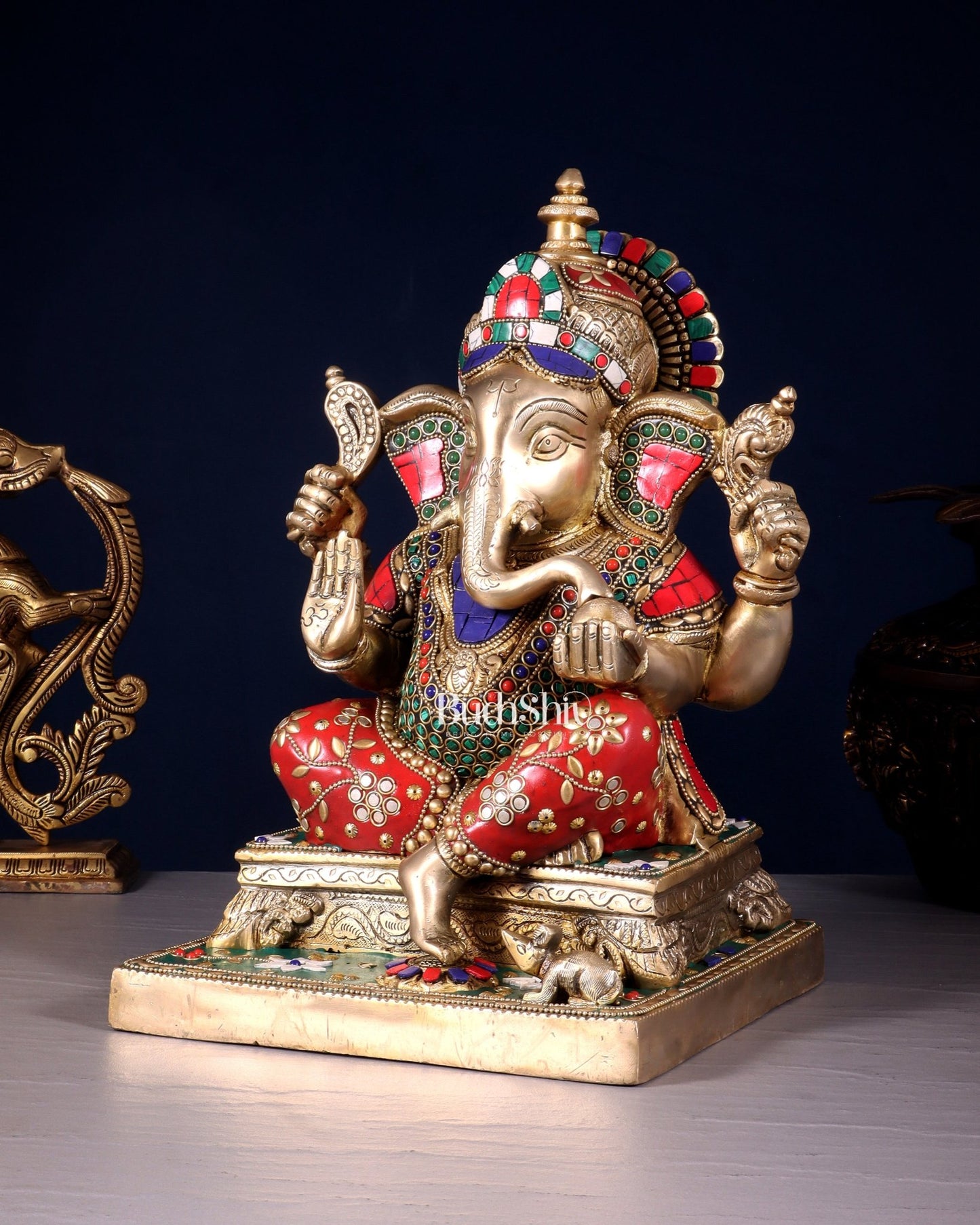 Brass Ganesha Statue with Stonework 12 inch - Budhshiv.com