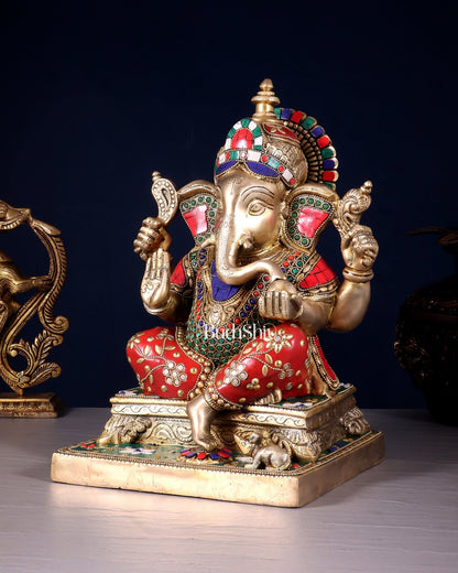 Brass Ganesha Statue with Stonework 12 inch - Budhshiv.com