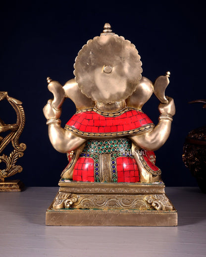 Brass Ganesha Statue with Stonework 12 inch - Budhshiv.com