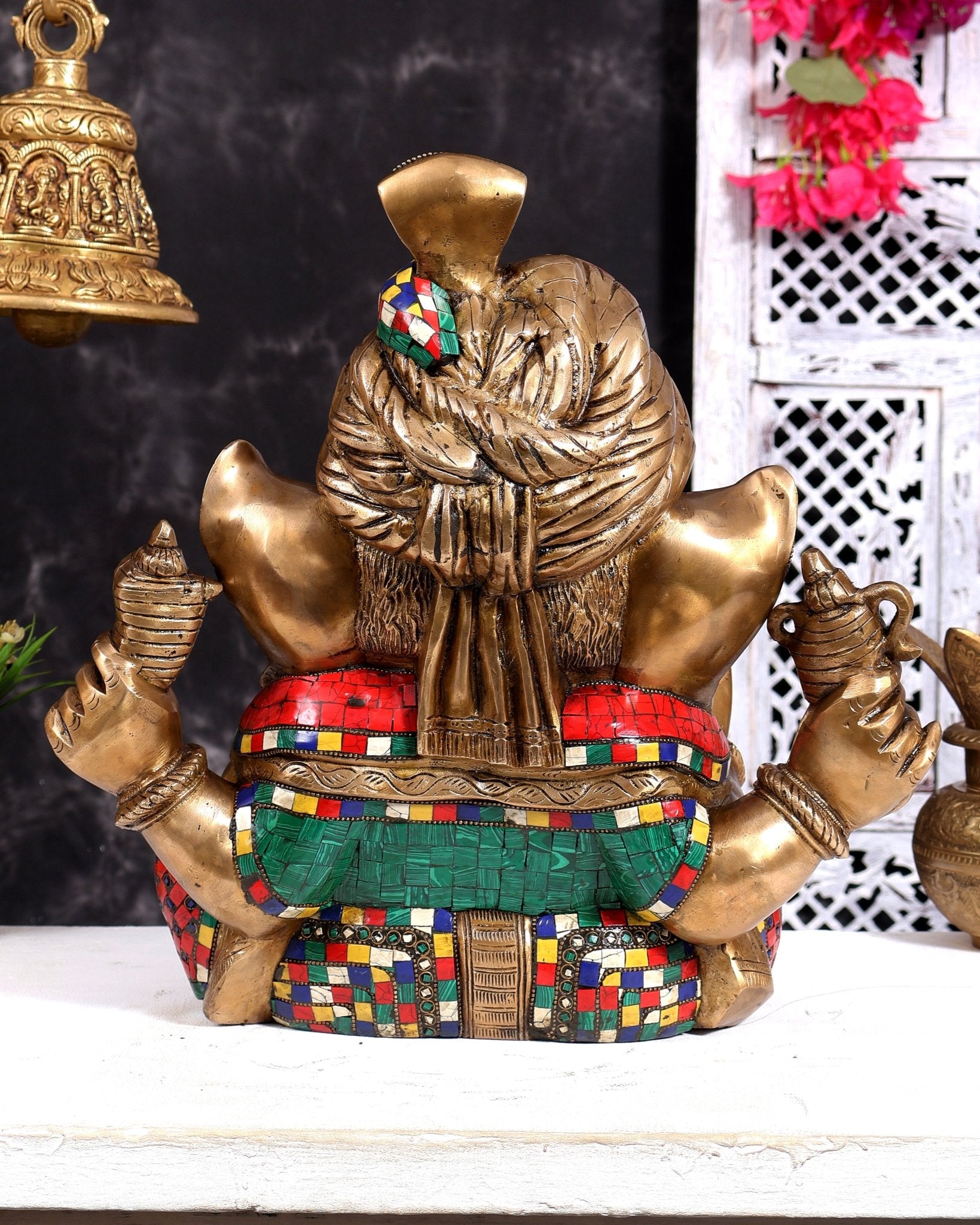 Brass Ganesha statue with stonework 14 inch - Budhshiv.com