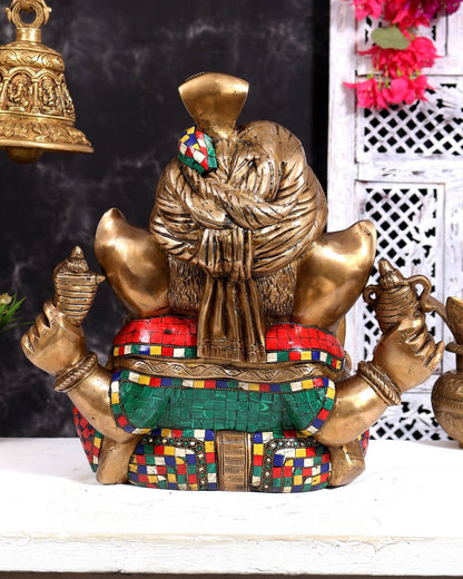 Brass Ganesha statue with stonework 14 inch - Budhshiv.com