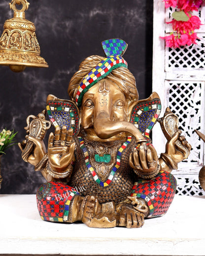 Brass Ganesha statue with stonework 14 inch - Budhshiv.com