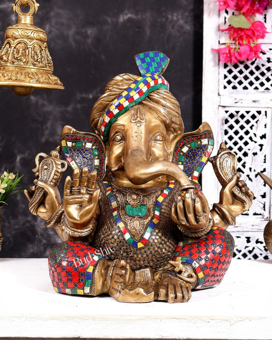 Brass Ganesha statue with stonework 14 inch - Budhshiv.com