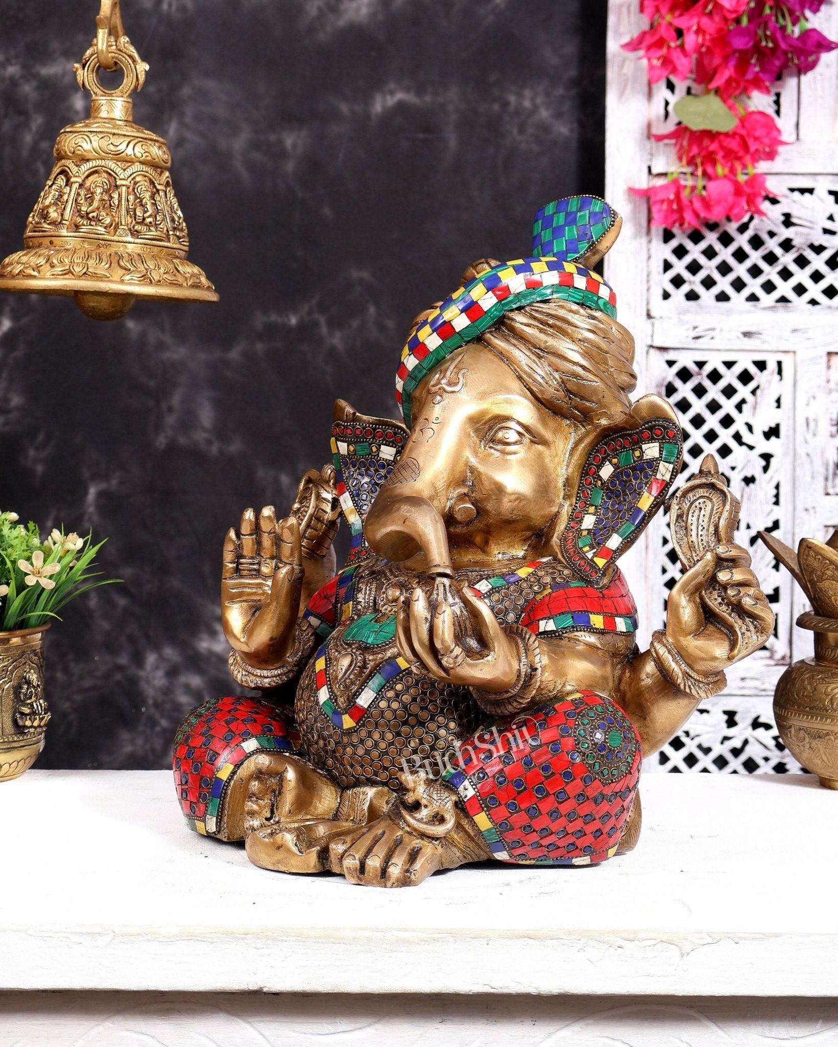 Brass Ganesha statue with stonework 14 inch - Budhshiv.com