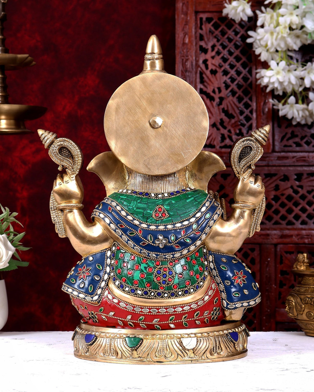 Brass Ganesha Statue with Stonework — Sharp Features 14 inch - Budhshiv.com