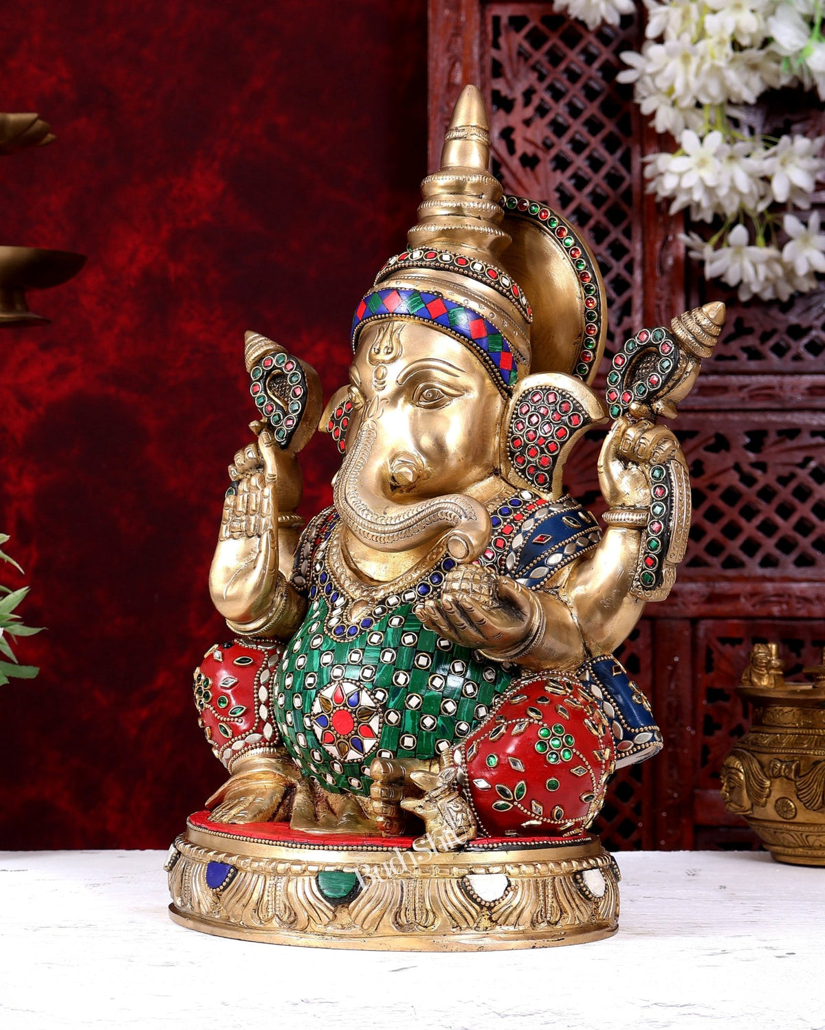 Brass Ganesha Statue with Stonework — Sharp Features 14 inch - Budhshiv.com