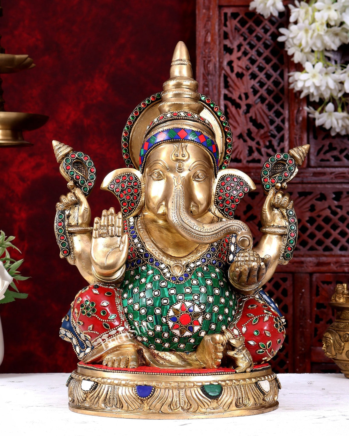 Brass Ganesha Statue with Stonework — Sharp Features 14 inch - Budhshiv.com