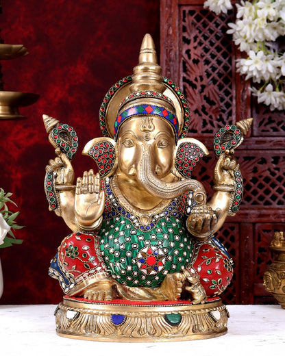 Brass Ganesha Statue with Stonework — Sharp Features 14 inch - Budhshiv.com