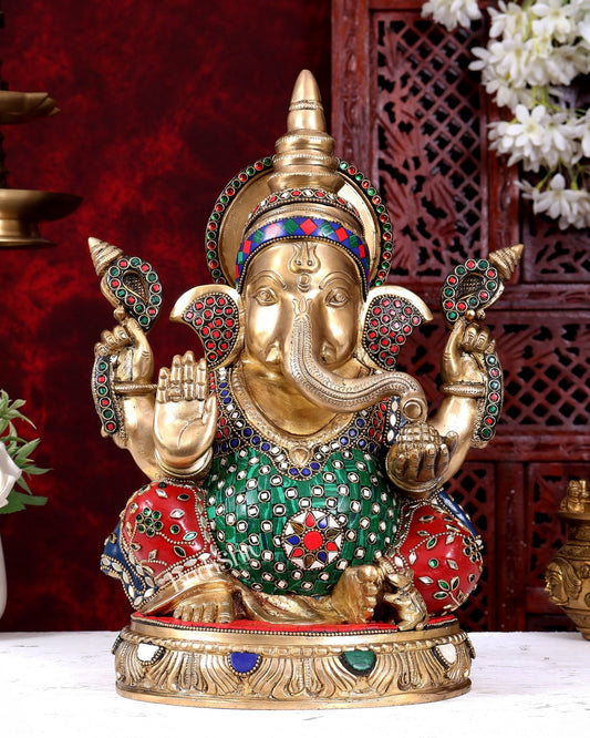 Brass Ganesha Statue with Stonework — Sharp Features 14 inch - Budhshiv.com