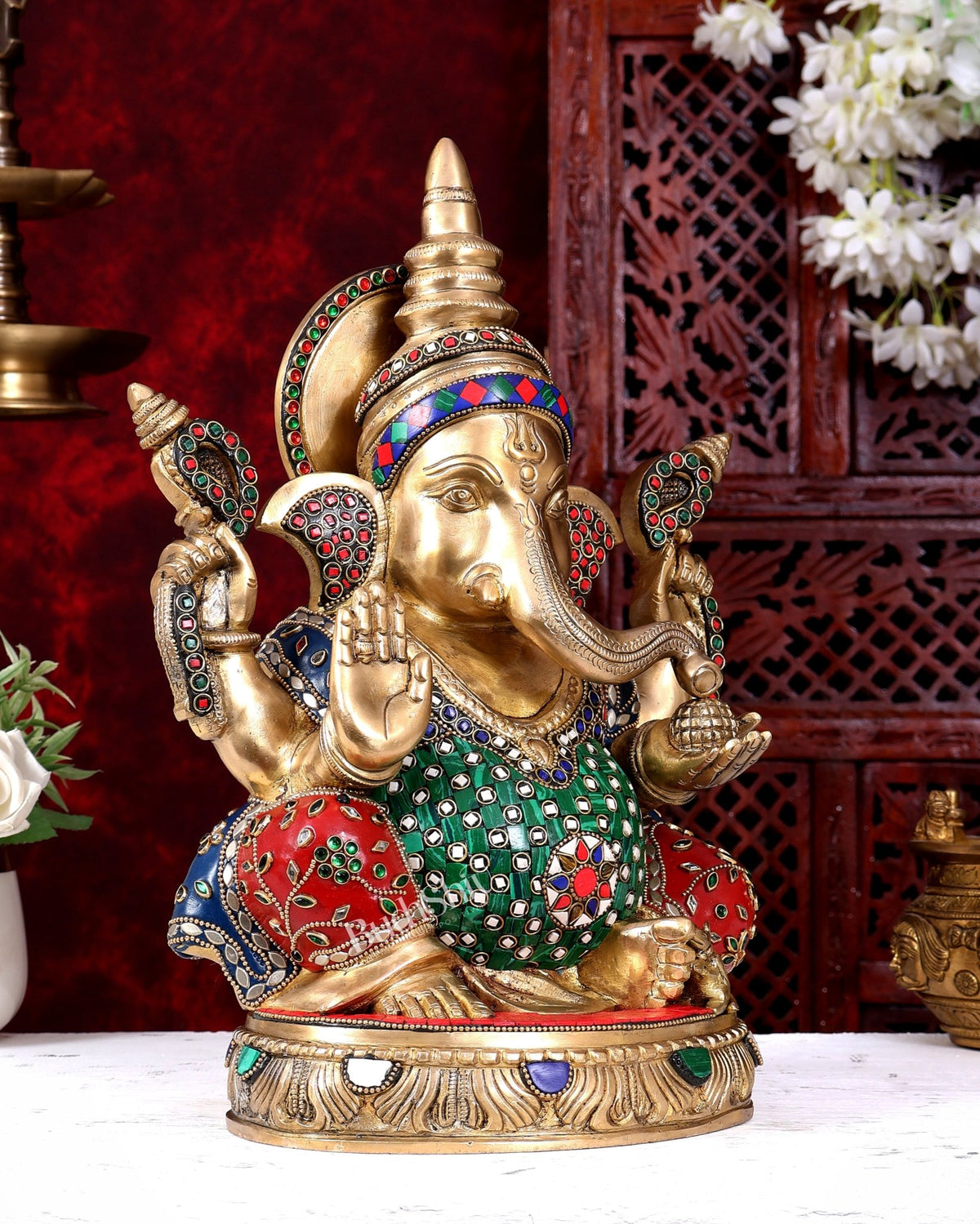 Brass Ganesha Statue with Stonework — Sharp Features 14 inch - Budhshiv.com