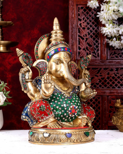 Brass Ganesha Statue with Stonework — Sharp Features 14 inch - Budhshiv.com