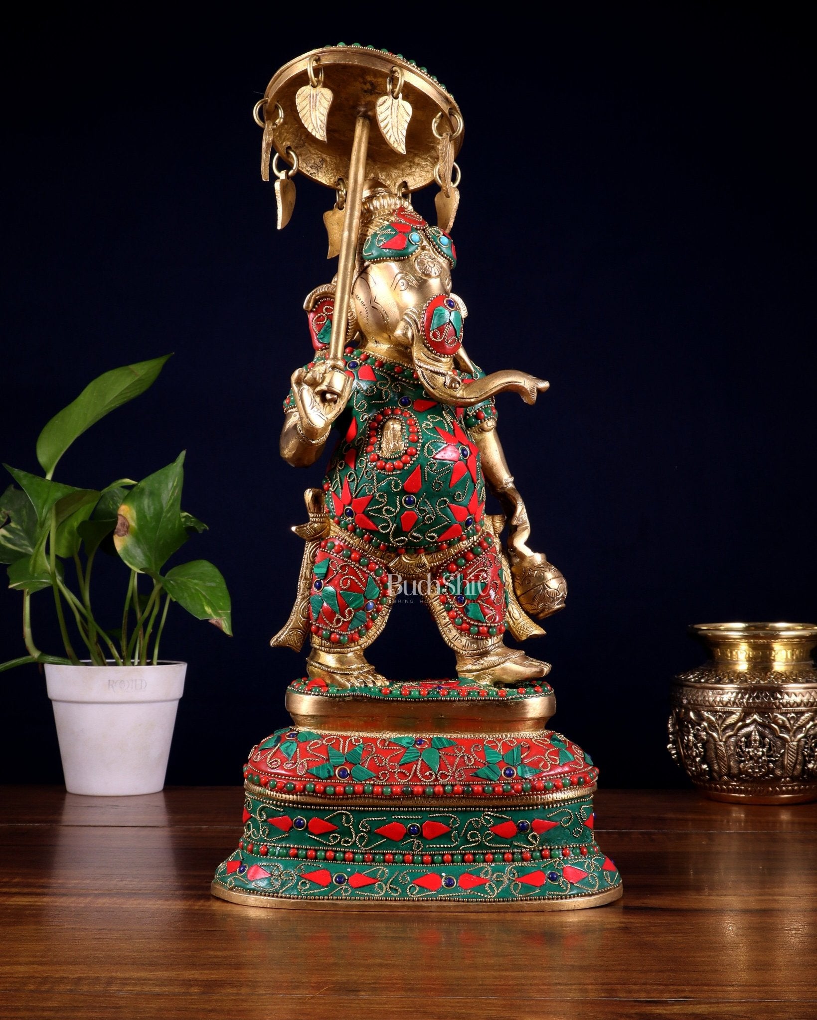 Brass Ganesha Statue with umbrella and kamandal | 15" with floral stonework - Budhshiv.com