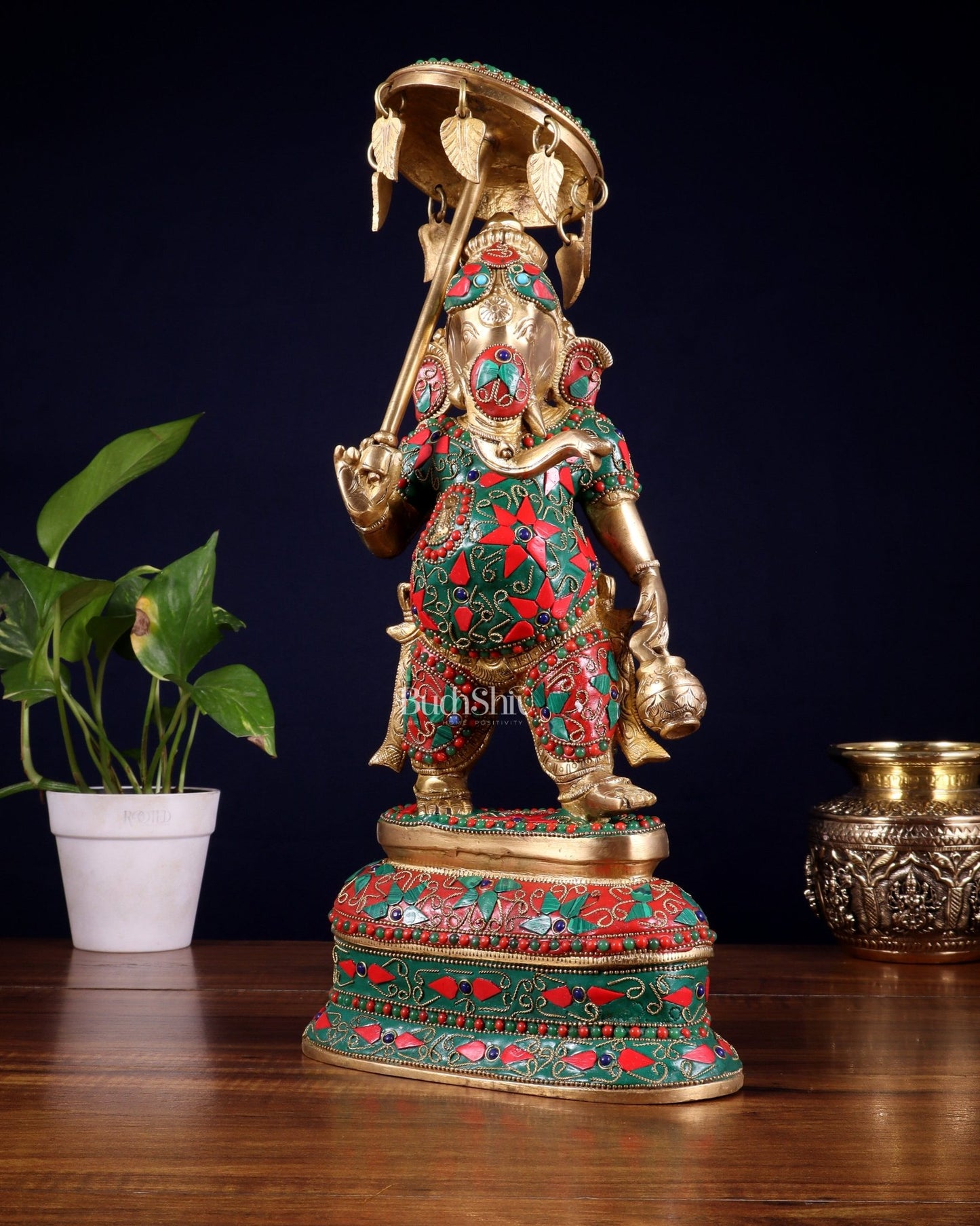 Brass Ganesha Statue with umbrella and kamandal | 15" with floral stonework - Budhshiv.com