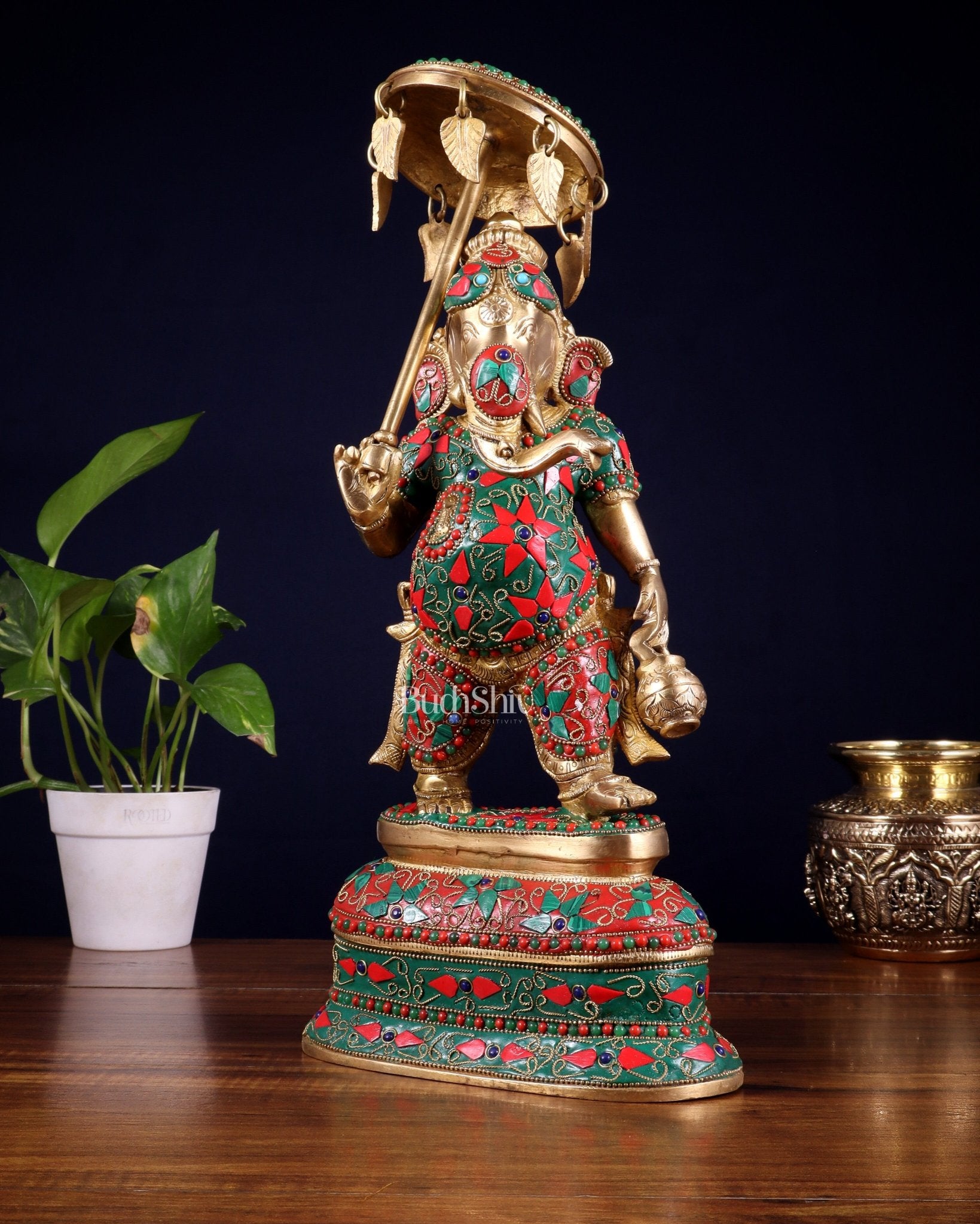 Brass Ganesha Statue with umbrella and kamandal | 15" with floral stonework - Budhshiv.com