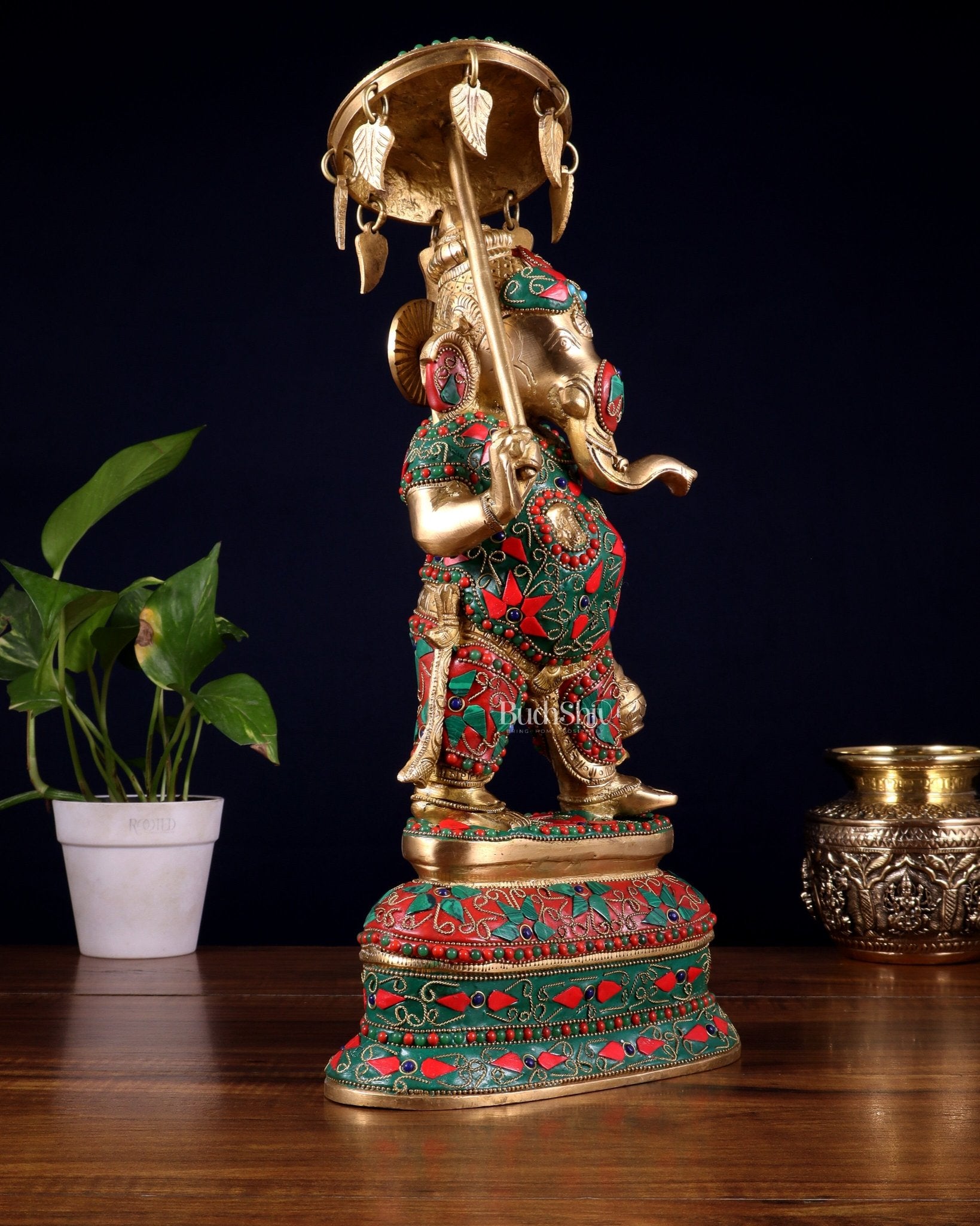 Brass Ganesha Statue with umbrella and kamandal | 15" with floral stonework - Budhshiv.com