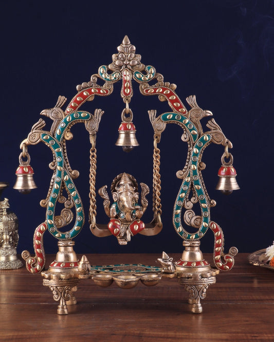 Brass Ganesha Swing with Three Diyas 13.5" - Budhshiv.com