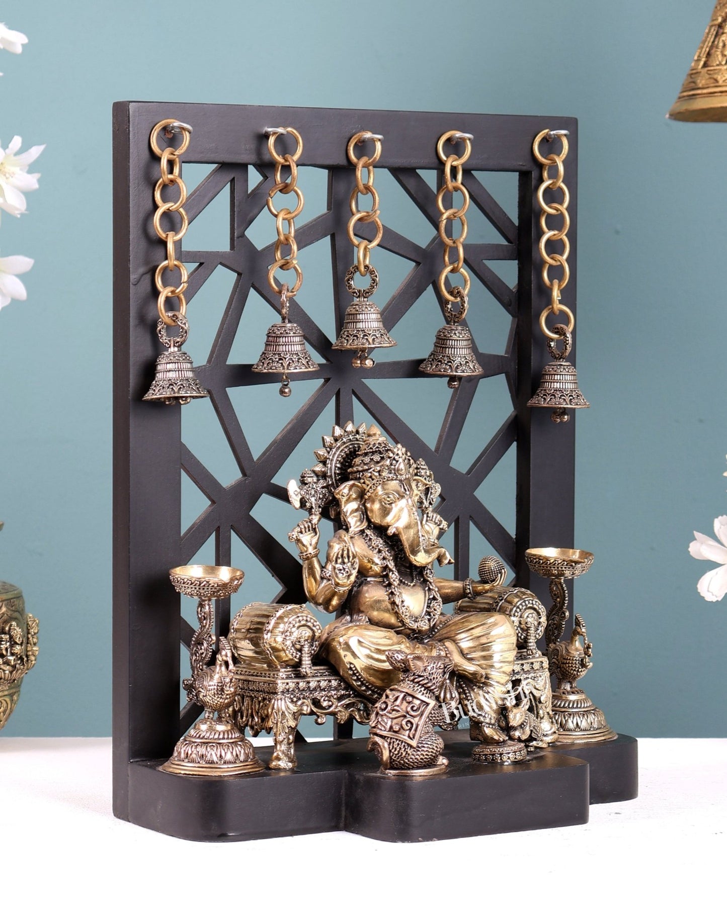 Brass Ganesha Temple Frame with Mooshak, Diyas & Bells 12 inch - Budhshiv.com