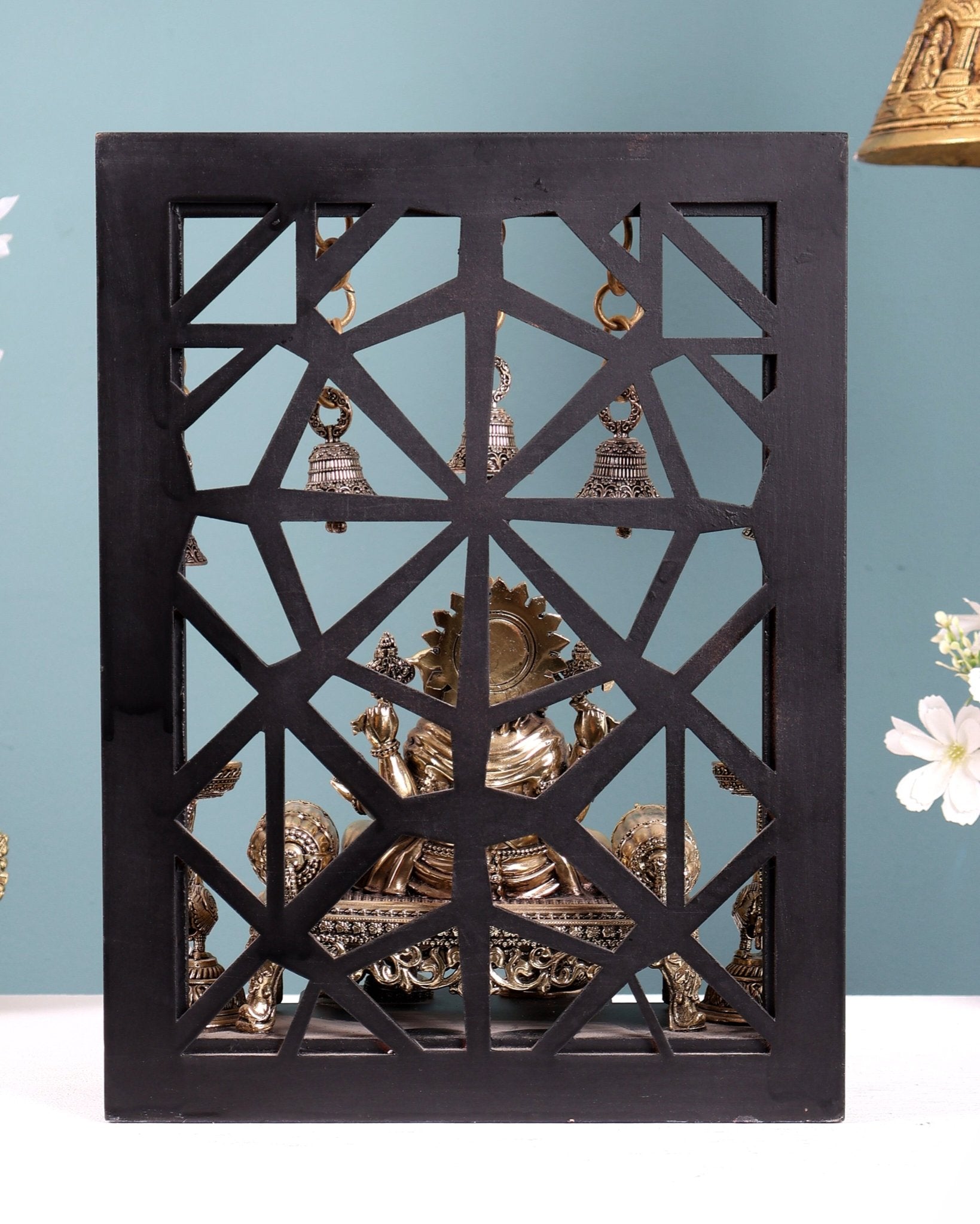 Brass Ganesha Temple Frame with Mooshak, Diyas & Bells 12 inch - Budhshiv.com