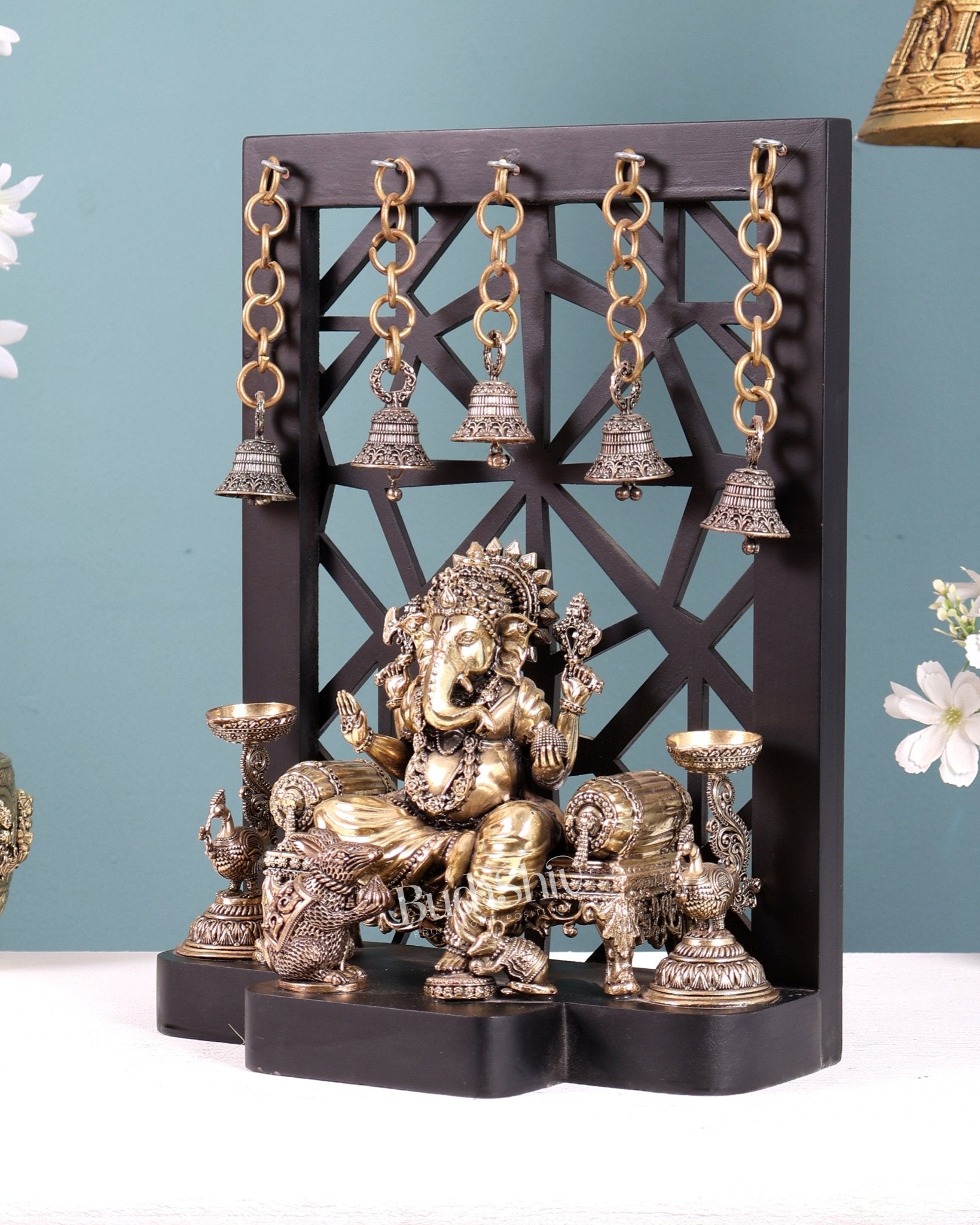 Brass Ganesha Temple Frame with Mooshak, Diyas & Bells 12 inch - Budhshiv.com