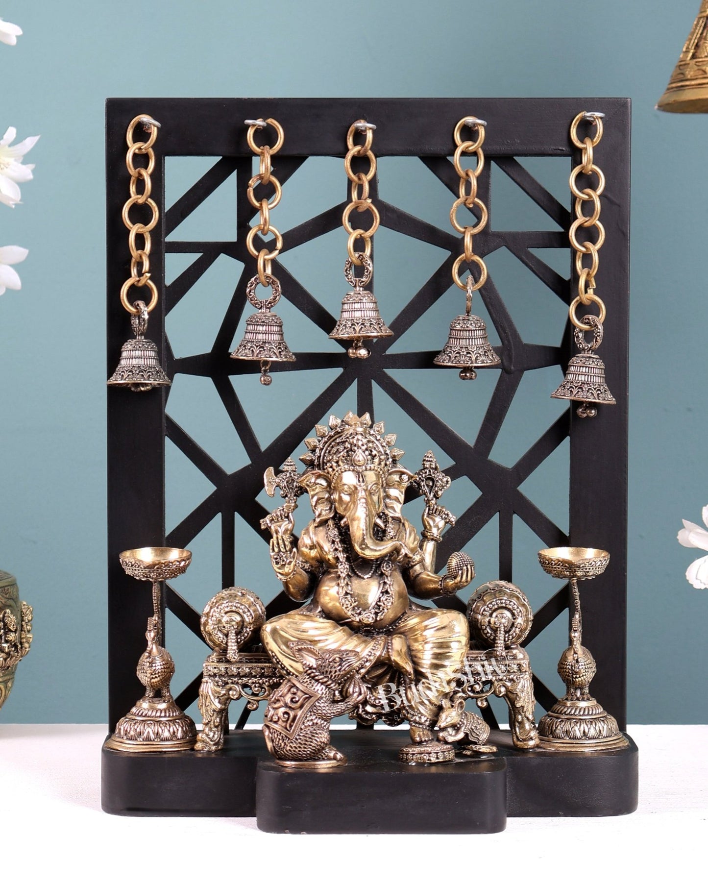 Brass Ganesha Temple Frame with Mooshak, Diyas & Bells 12 inch - Budhshiv.com