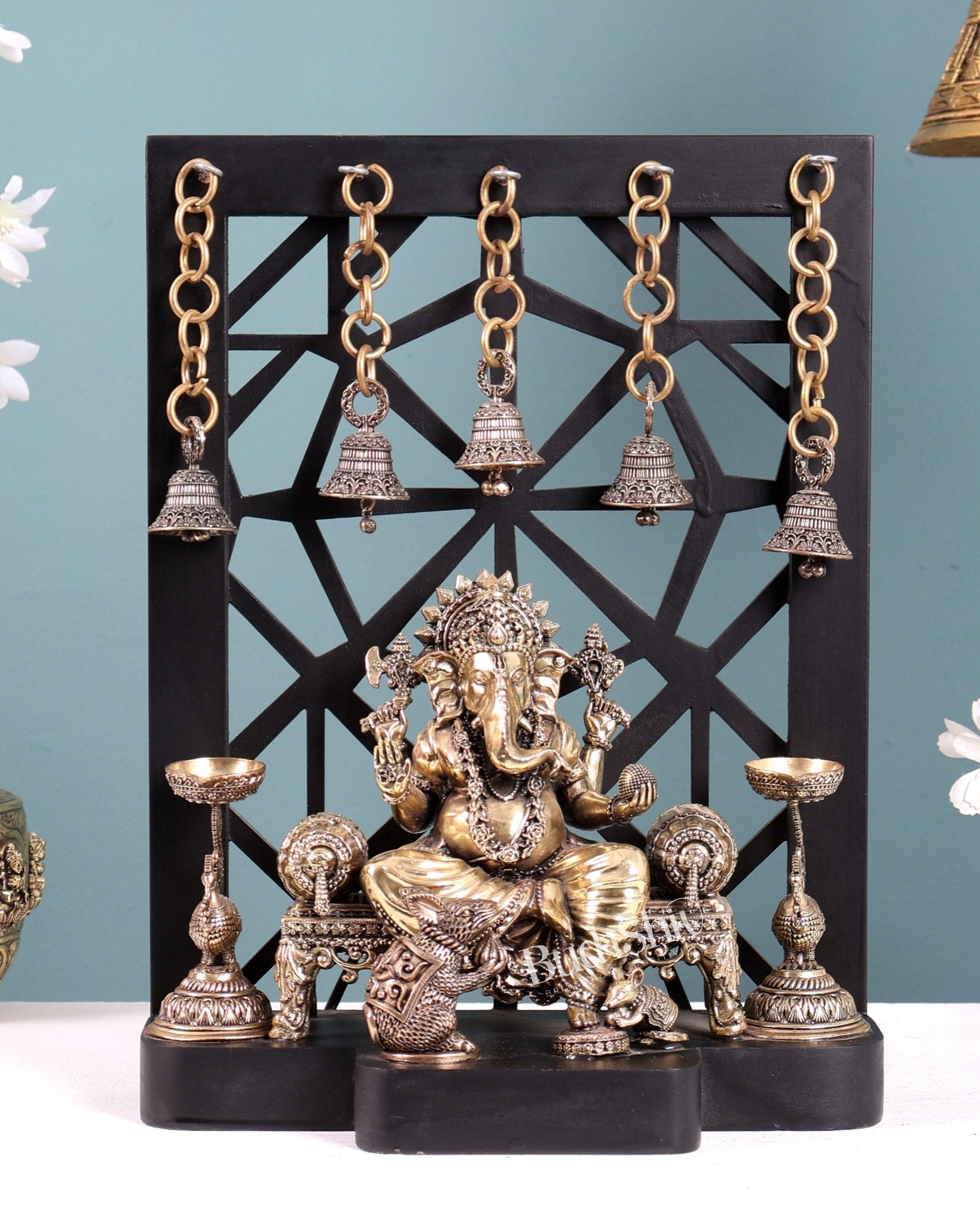 Brass Ganesha Temple Frame with Mooshak, Diyas & Bells 12 inch - Budhshiv.com