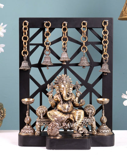 Brass Ganesha Temple Frame with Mooshak, Diyas & Bells 12 inch - Budhshiv.com