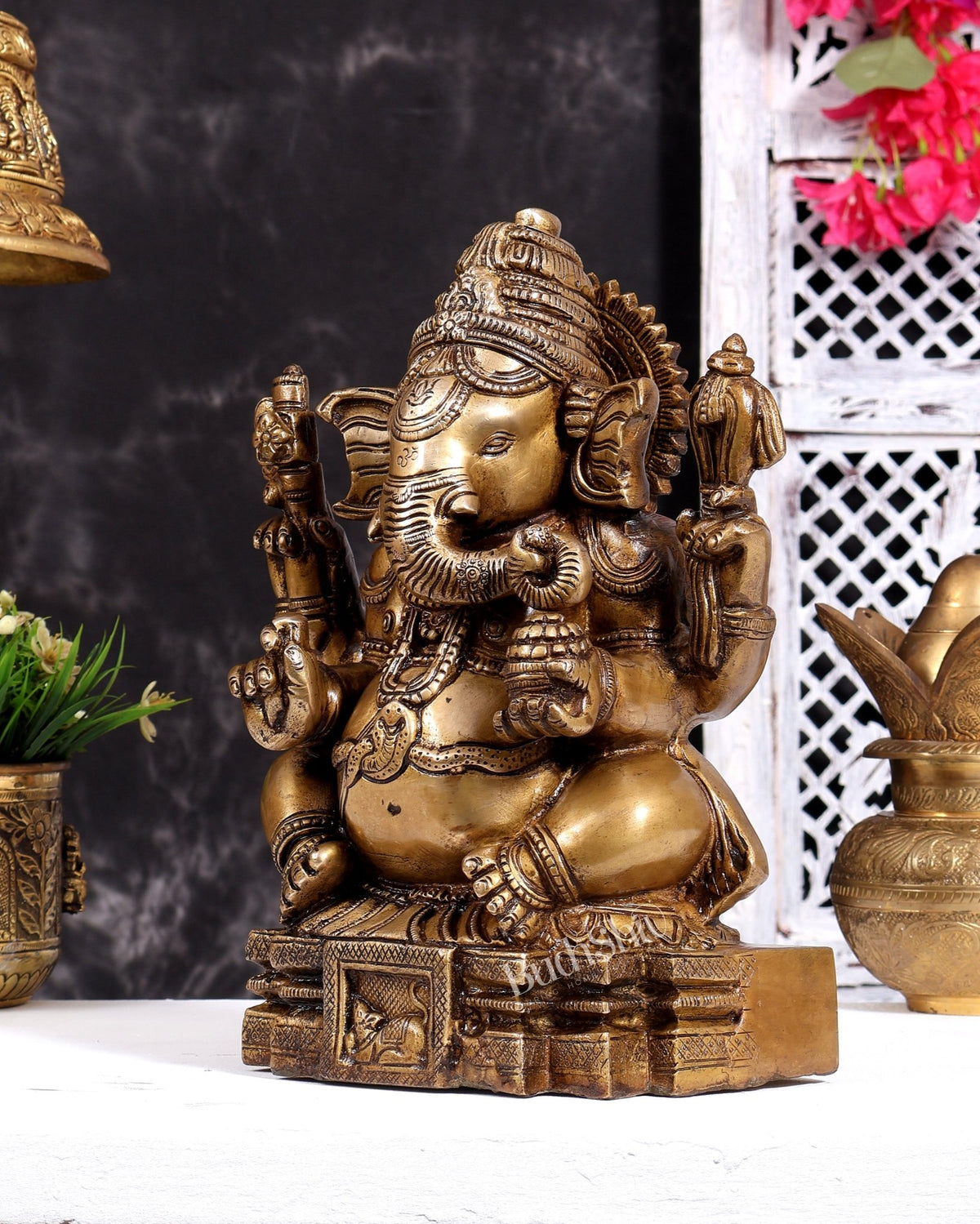 Brass Ganesha Unique Statue - Dull Gold Finish 11 inch - Budhshiv.com