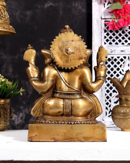 Brass Ganesha Unique Statue - Dull Gold Finish 11 inch - Budhshiv.com