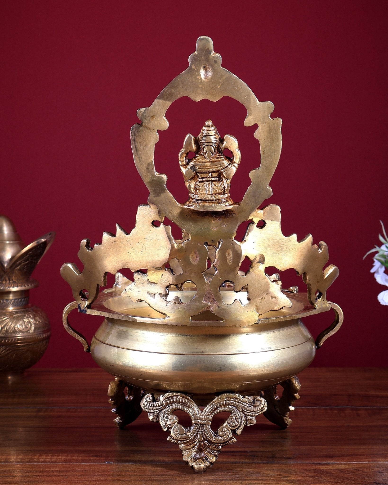 Brass Ganesha Urli with Peacocks – Unique Temple Décor Centrepiece - Budhshiv.com