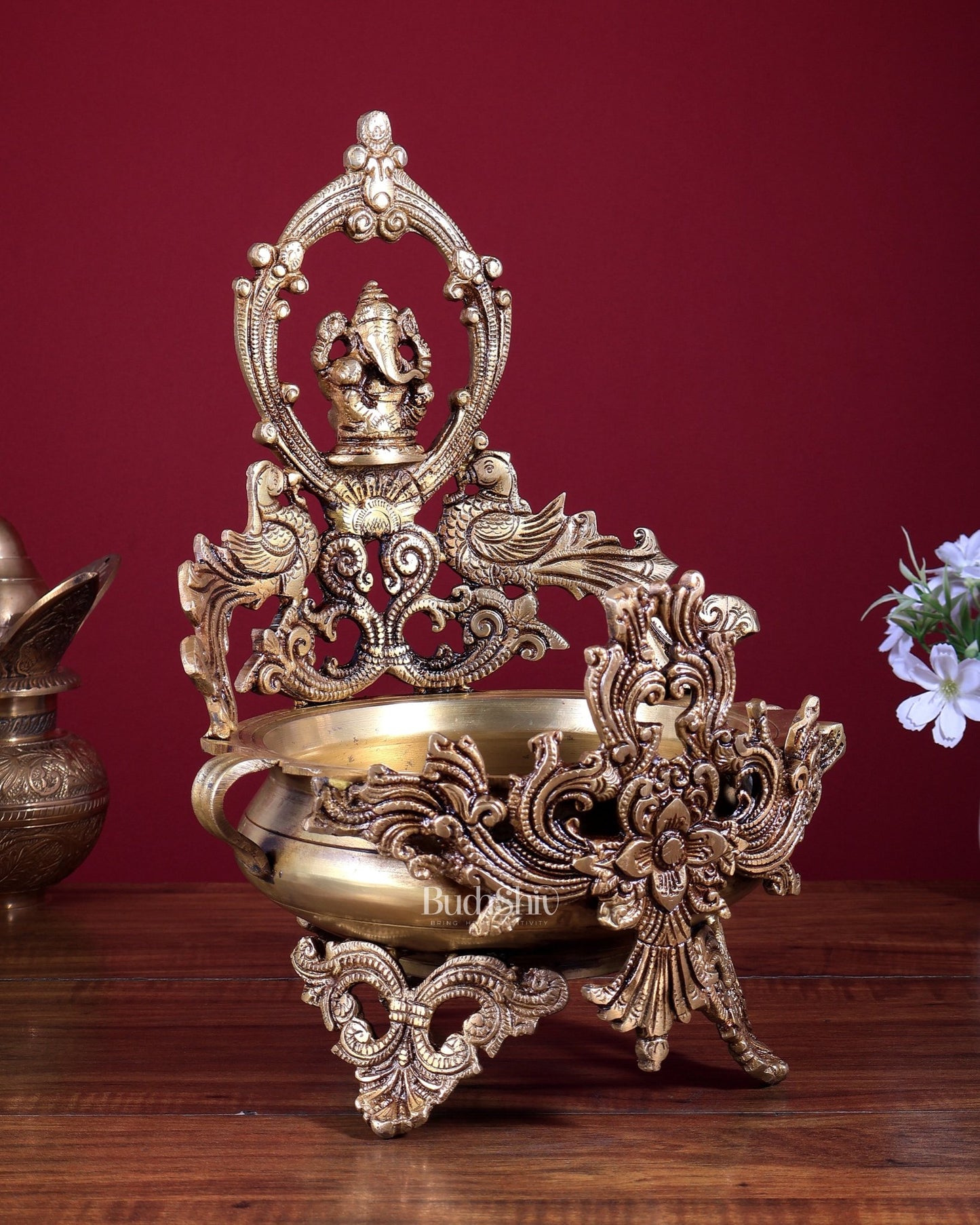 Brass Ganesha Urli with Peacocks – Unique Temple Décor Centrepiece - Budhshiv.com