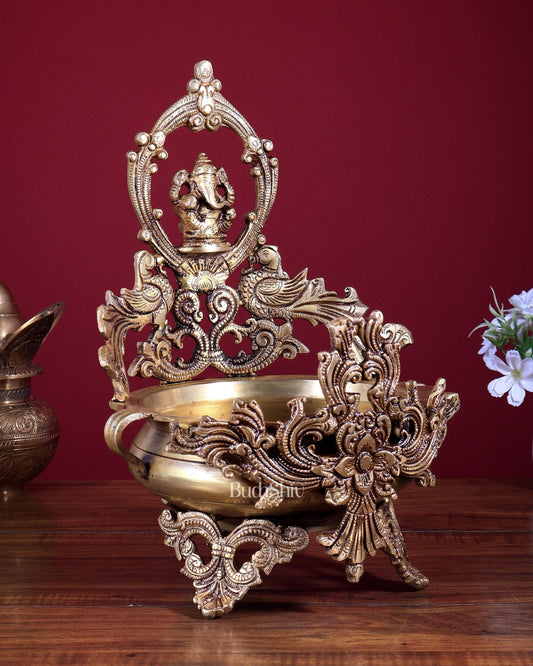 Brass Ganesha Urli with Peacocks – Unique Temple Décor Centrepiece - Budhshiv.com