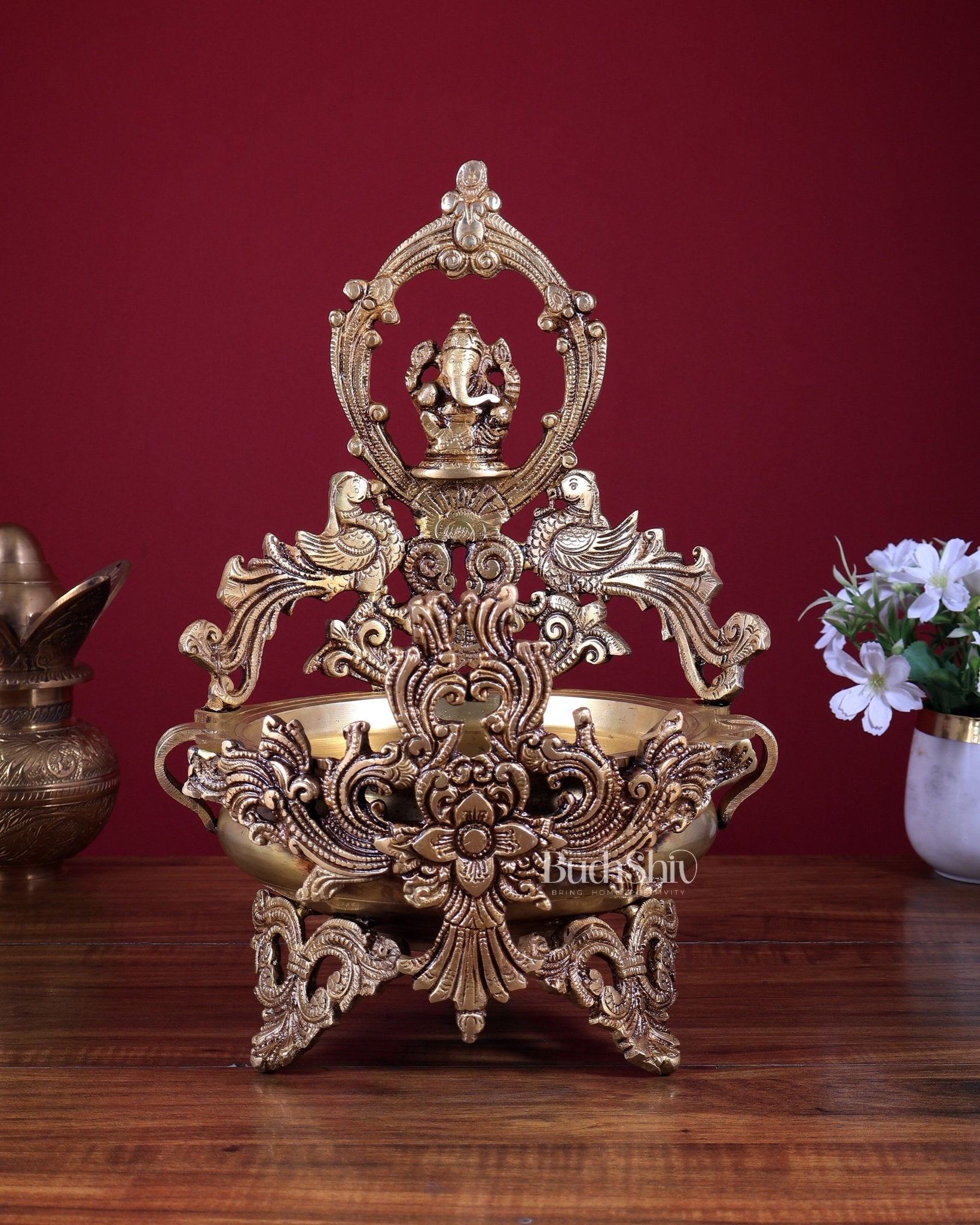 Brass Ganesha Urli with Peacocks – Unique Temple Décor Centrepiece - Budhshiv.com