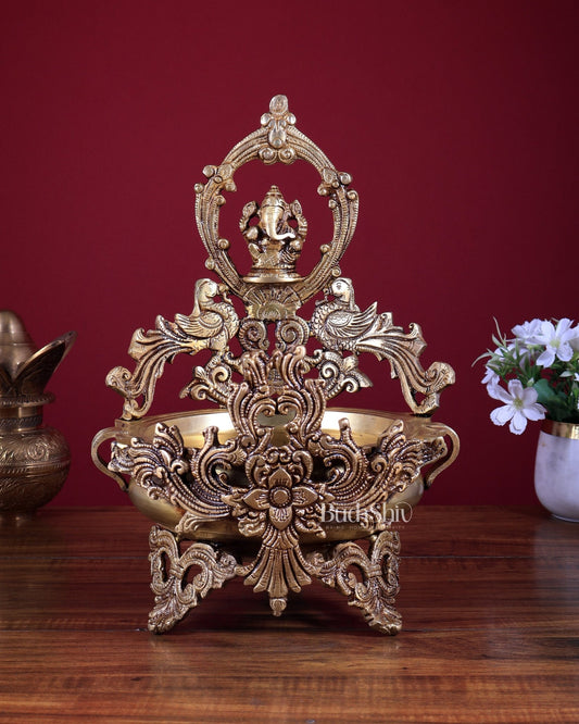 Brass Ganesha Urli with Peacocks – Unique Temple Décor Centrepiece - Budhshiv.com