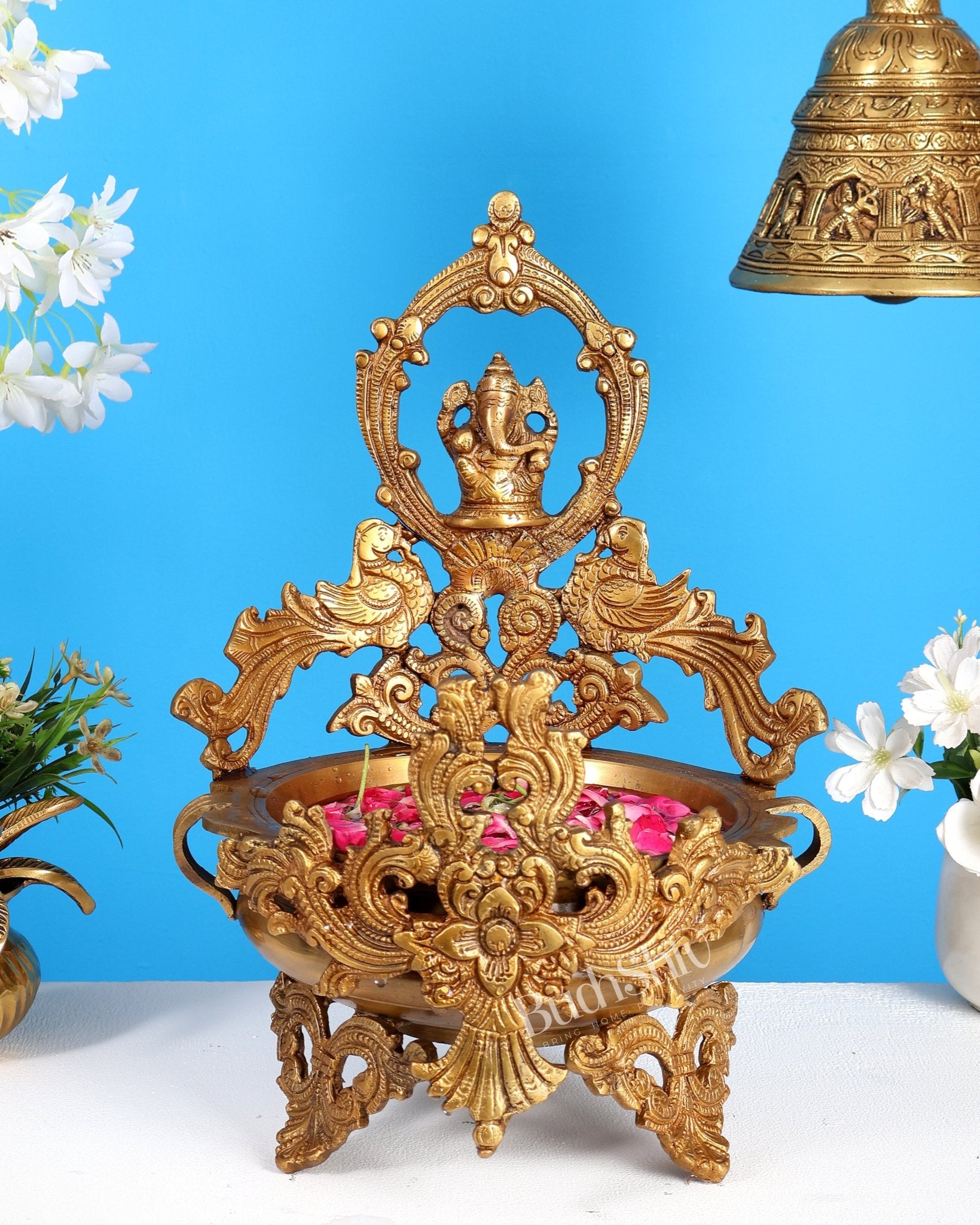 Brass Ganesha Urli with Peacocks – Unique Temple Décor Centrepiece - Budhshiv.com